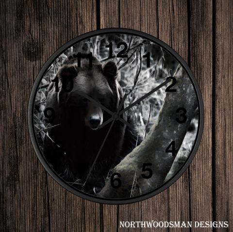 brown bear wall clock perfect for any cabin in the woods, grizzly bear wall clock perfect for your rustic home, bear in the woods wall clock